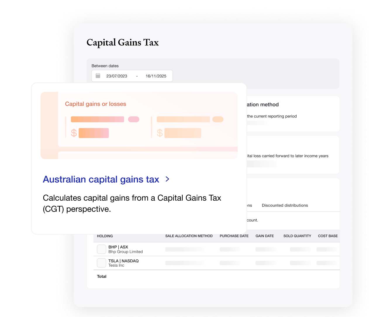 Sharesight capital gains tax report showing realised gains and losses across a portfolio