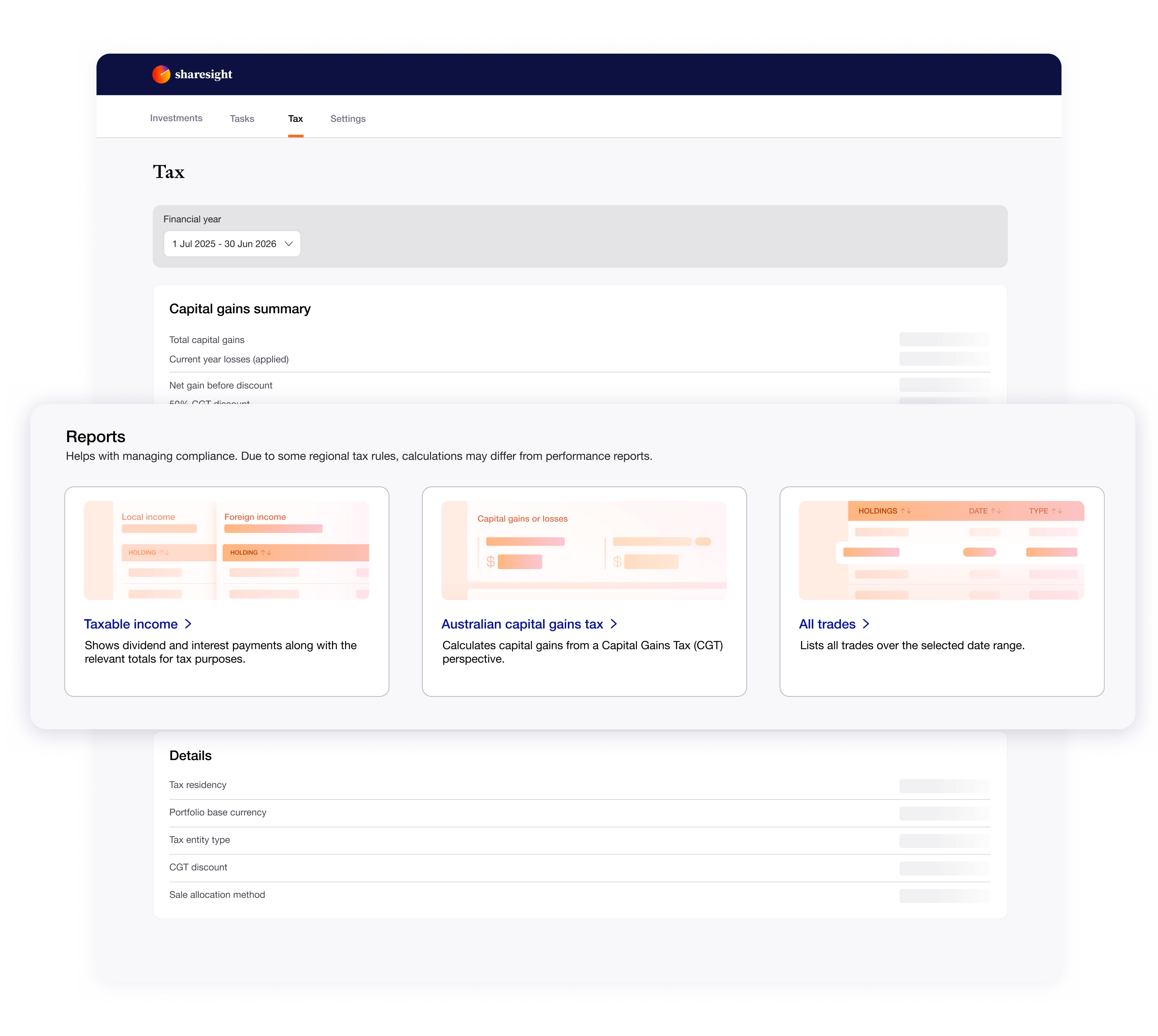 Sharesight Tax tab with Tax Pack reports ready to run and export to PDF or Excel.