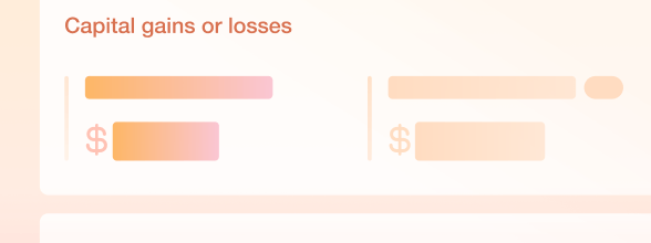 Stylised illustration of the Australian Capital Gains Tax report headed Capital gains or losses, with two columns of placeholder bars and dollar-sign rows representing gain and loss amounts