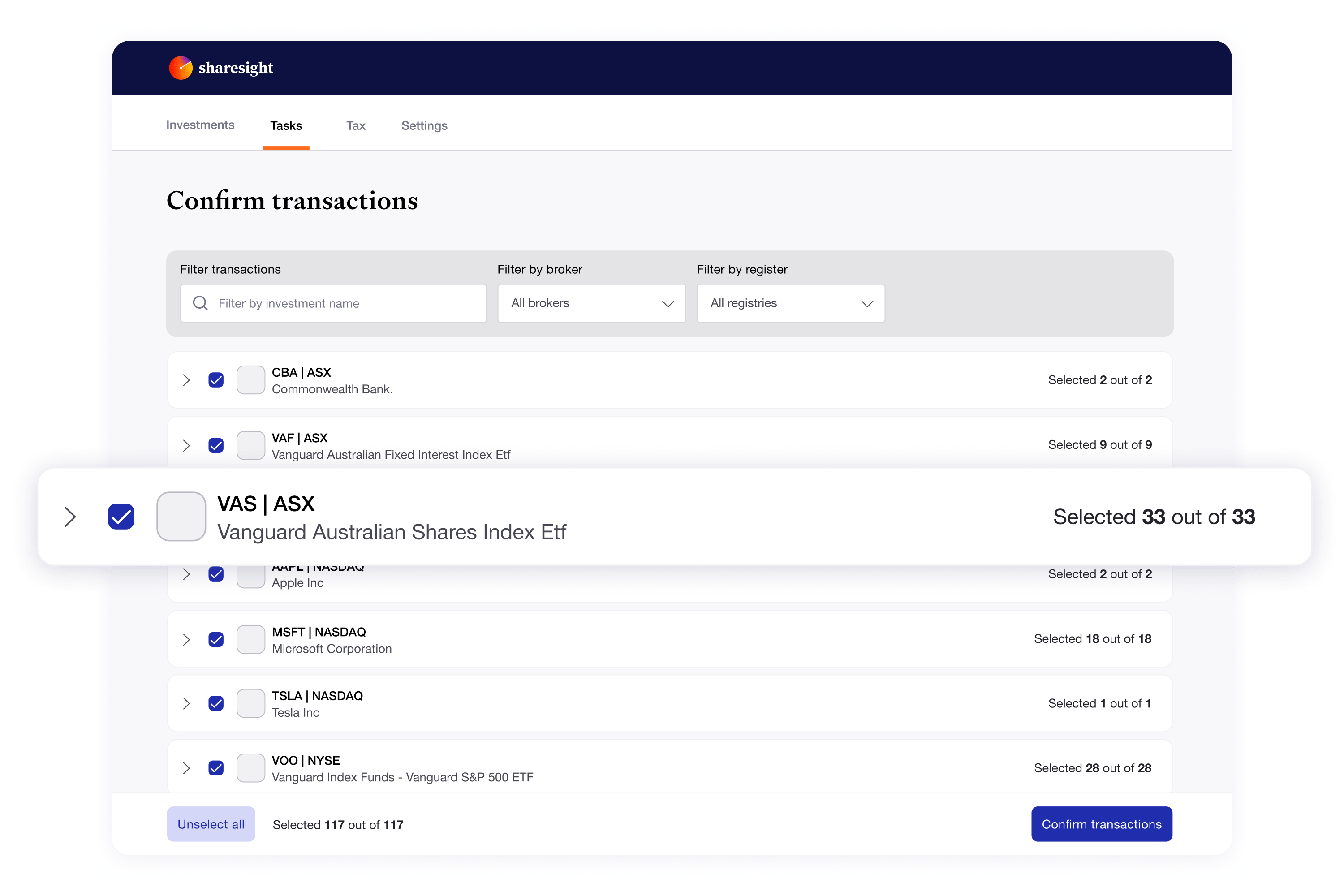 Sharesight Tasks tab surfacing missing trades, unconfirmed dividends and tax-time to-dos to review before running reports.