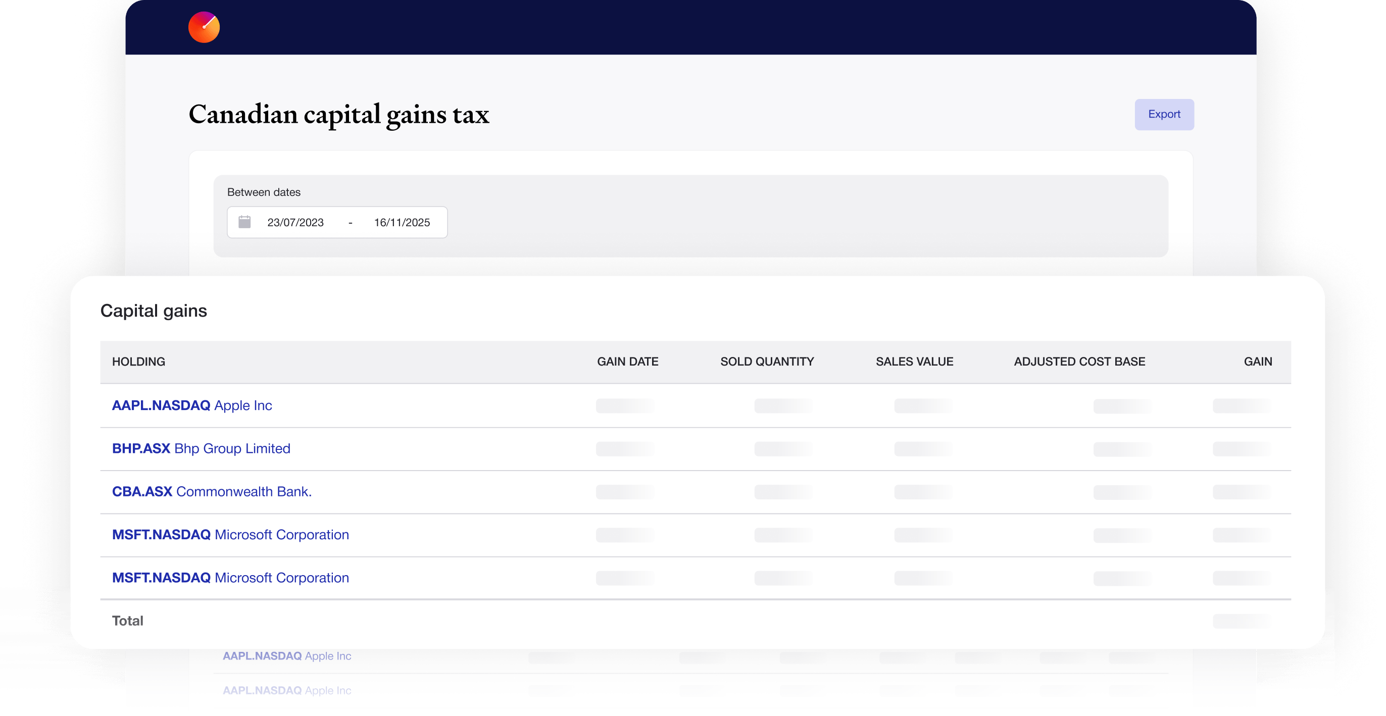 User Interface of Sharesight's capital gains tax report showing the CGT liability of a gold holding (Canada version)